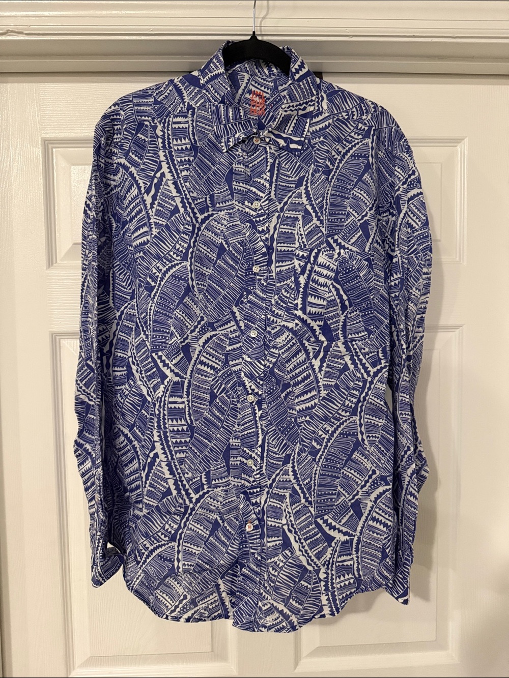 J McLaughlin Men's Large L 100% Linen Blue Patterned Button-Up Shirt